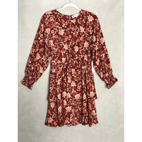 Emma & Michele Dresses & Skirts - Emma & Michele Floral Dress Women's Medium Tiered Puff Sleeve Brown NEW